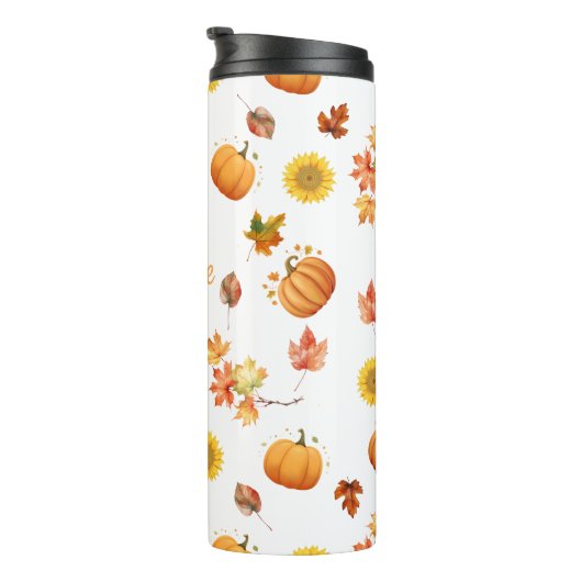 Aquarellfarbene Herbstlaube und Pumpkins Thermosbecher (Nach rechts gedreht)