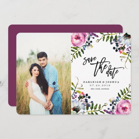 Aquarellfarbene Hübsche Blume Save the Date mit Fo (Vorne/Hinten)