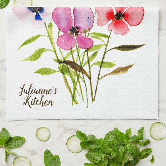 Aquarellfarbene Hübsche Wildblumen Personalisiert Geschirrtuch (Gefaltet)