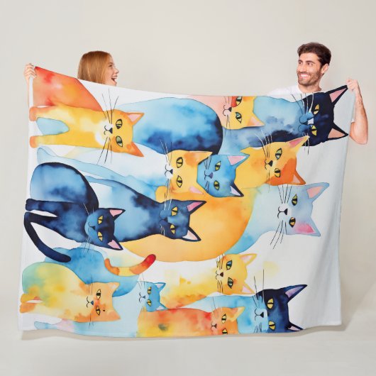 Aquarellfarbene Katzenkollage Fleecedecke (Beispiel)