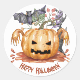 Aquarellfarbene Kürbislaterne und Fledermaus Runder Aufkleber