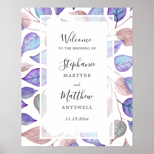 Aquarellfarbene Lila Blätter Foliage Hochzeit Poster (Vorne)