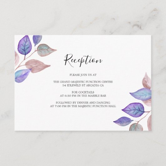 Aquarellfarbene Lila Blätter Hochzeitsempfang Begleitkarte (Vorderseite)