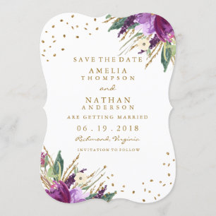 Aquarellfarbene Lila Gold-Blume Save the Date