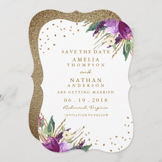 Aquarellfarbene Lila Gold-Blume Save the Date (Vorne/Hinten)