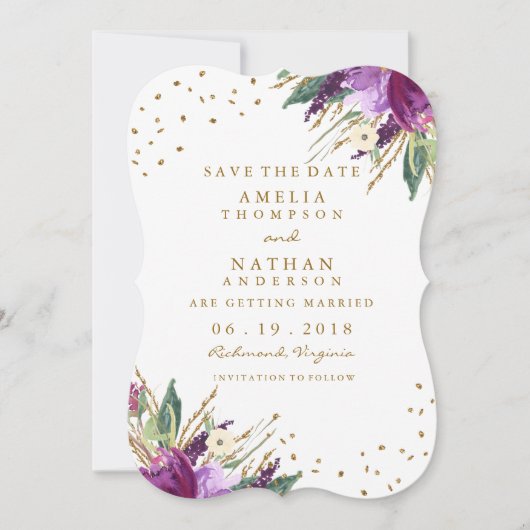 Aquarellfarbene Lila Gold-Blume Save the Date (Vorderseite)
