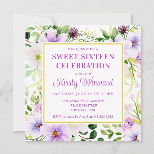 Aquarellfarbene Lila magische Blume 16 . Geburtsta Einladung (Vorderseite)