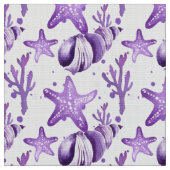 Aquarellfarbene Lila Seesterne & Seashells Stoff (Nahaufnahme)