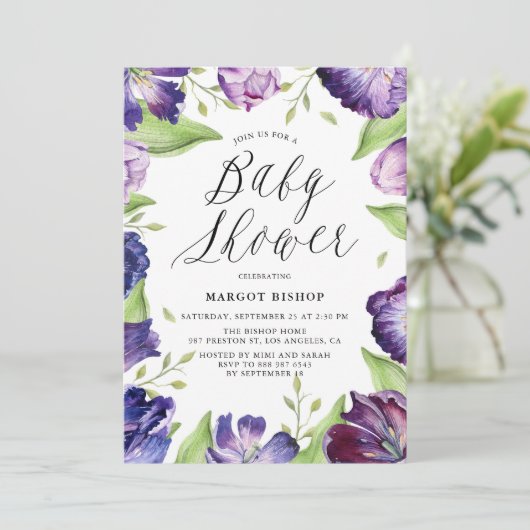 Aquarellfarbene Lila Tulips Blumenrahmen Kinderdus Einladung (Stehend Vorderseite)