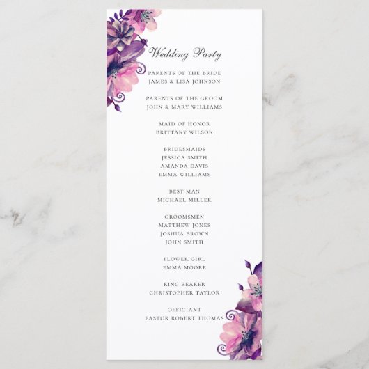 Aquarellfarbene lila und rosa Blume. Blumenhochzei Programm (Rückseite)