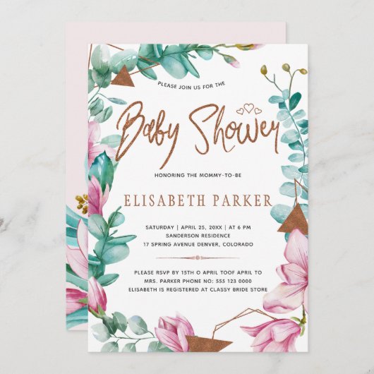 Aquarellfarbene Magnolien Kupfer Babydusche Einladung (Vorne/Hinten)