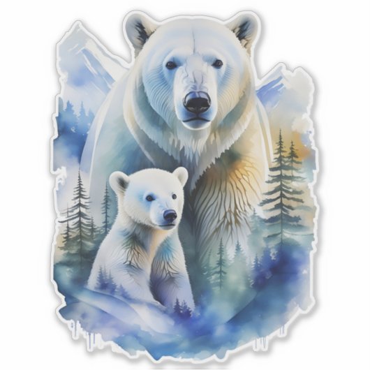 Aquarellfarbene Mama und Polar-Babybären Aufkleber (Vorderseite)
