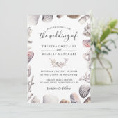 Aquarellfarbene Muschel Beach Sand Hochzeit Einladung (Stehend Vorderseite)