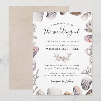 Aquarellfarbene Muschel Beach Sand Hochzeit Einladung