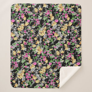 Aquarellfarbene nahtlose Blumenmuster schwarzer Hi Sherpadecke
