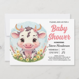 Aquarellfarbene Niedliche Kuh-Babydusche Einladung