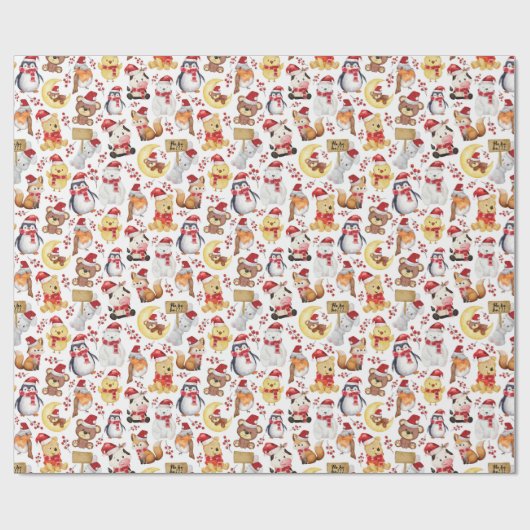 Aquarellfarbene Niedliche Weihnachtstiere - Kinder Geschenkpapier (Flach)