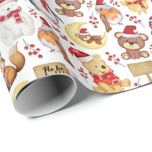 Aquarellfarbene Niedliche Weihnachtstiere - Kinder Geschenkpapier (Rolleneckpunkt)