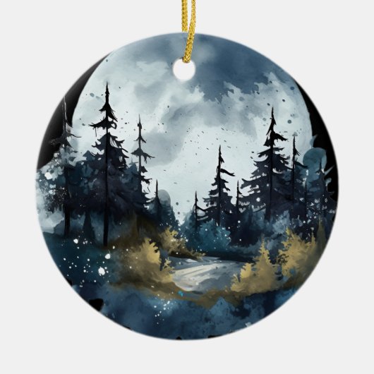 Aquarellfarbene Nightsky-Ansicht mit großem Mond Keramik Ornament (Vorne)
