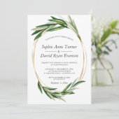 Aquarellfarbene Olive Blätter Goldrahmen Hochzeit Einladung (Stehend Vorderseite)