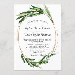 Aquarellfarbene Olive Blätter Goldrahmen Hochzeit Einladung