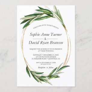 Aquarellfarbene Olive Blätter Goldrahmen Hochzeit Einladung