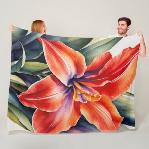 Aquarellfarbene Orange Lily Blume Fleecedecke