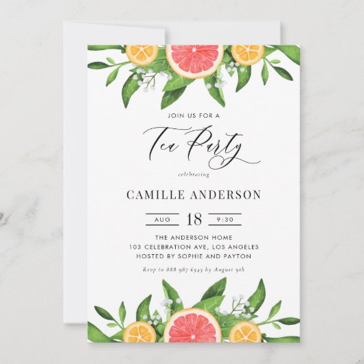 Aquarellfarbene Orangen und Grapefruits Tea Party Einladung (Vorderseite)