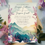 Aquarellfarbene Pastelfrühlinggebirge Hochzeiten Einladung<br><div class="desc">Die Blumengebirgsgebirge Wedding Invitation in Aquarellfarben zeigt ein atemberaubendes Bild einer Gebirgslandschaft und mächtige Kiefernbäume in Blau-, Grün- und Grautönen. Das Gemälde wird auf einem cremefarbenen, texturierten Papieruntergrund platziert, der den rustikalen Charme des Designs noch verstärkt. Der Text der Einladung ist in einem wunderschönen Kalligraphieskript geschrieben, in dem die Namen...</div>
