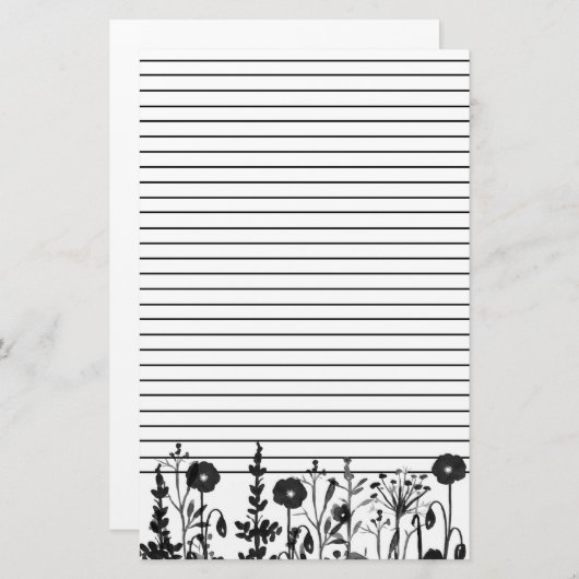 Aquarellfarbene Pflanze Wildblumen Schwarz Briefpapier (Vorne/Hinten)