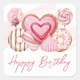 Aquarellfarbene Pink-Cookies und Süßigkeiten zum G Quadratischer Aufkleber