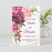 Aquarellfarbene Pink Peonies Rustikale Hochzeit Save The Date (Stehend Vorderseite)