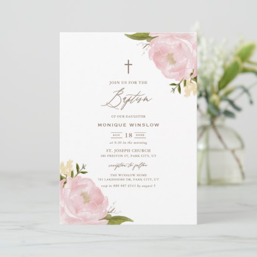 Aquarellfarbene Pink Peonies Taufe Einladung (Stehend Vorderseite)