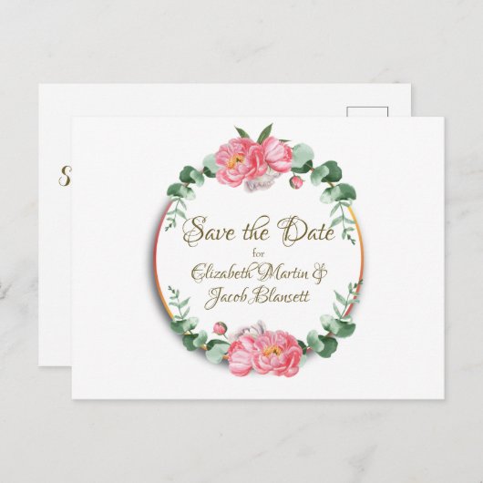Aquarellfarbene Pink-Peonys Save the Date blorfarb Postkarte (Vorne/Hinten)