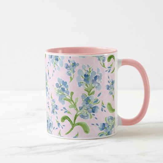 Aquarellfarbene Plumbago-Blume auf Baby Pink Tasse (Rechts)