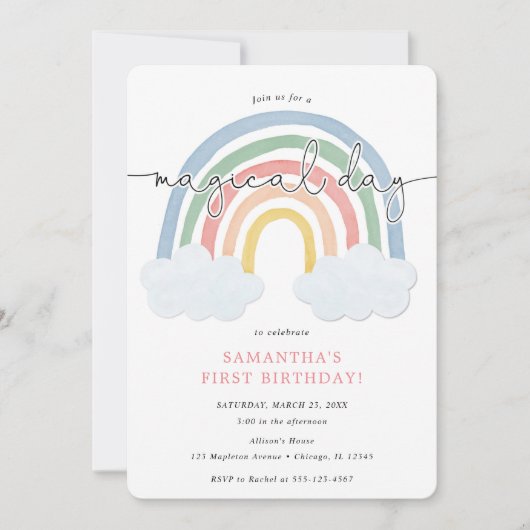 Aquarellfarbene Regenbogenpastellmädchen 1. Party Einladung (Vorderseite)