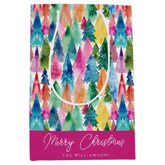 Aquarellfarbene Regenbogenweihnachtsbäume Mittlere Geschenktüte (Vorderseite)
