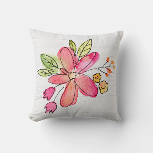 Aquarellfarbene rosa Blume auf weißem Holz Kissen
