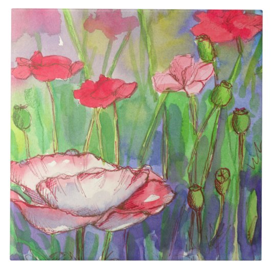 Aquarellfarbene Rosa Blume Fliese (Vorderseite)