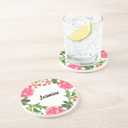 Aquarellfarbene rosa Blume Kreissaal-Design Getränkeuntersetzer (Seite)