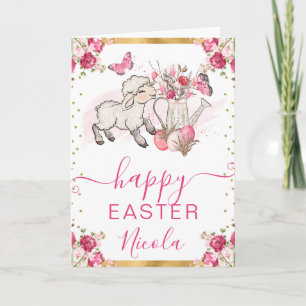 Aquarellfarbene rosa Blume Lamm Happy Oster Karte