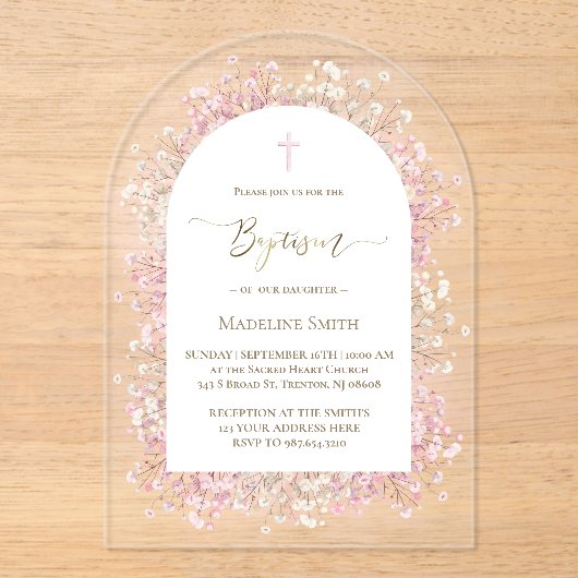 Aquarellfarbene, rosa Blume Taufe Acryleinladungen (Vorderseite)