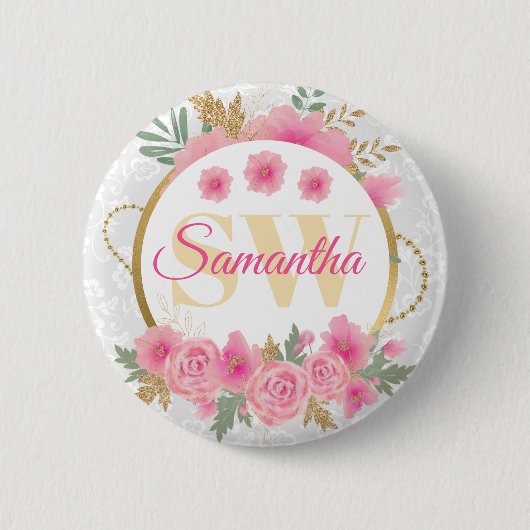 Aquarellfarbene rosa Blume und Goldfolie Monogramm Button (Vorderseite)