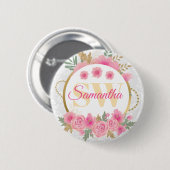 Aquarellfarbene rosa Blume und Goldfolie Monogramm Button (Vorne & Hinten)