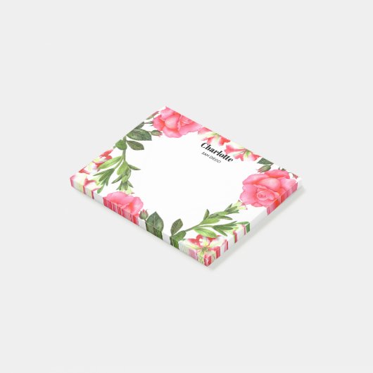 Aquarellfarbene rosa Blume Zirkelkranz Post-it Klebezettel (angewinkelt)