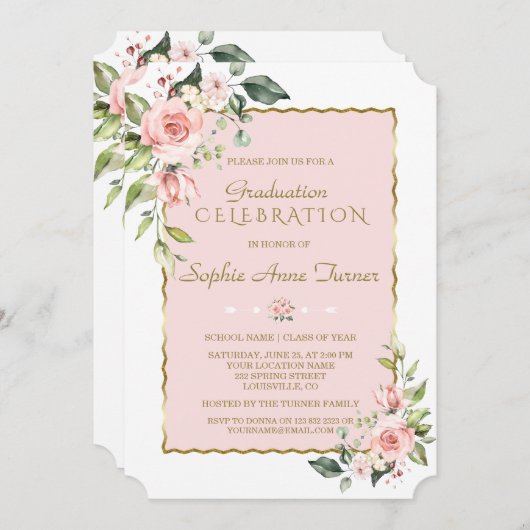 Aquarellfarbene Rosa Blush Bloral Gold Graduation Einladung (Vorne/Hinten)