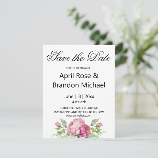 Aquarellfarbene Rosa Blüten Rose SAVE THE DATE (Stehend Vorderseite)