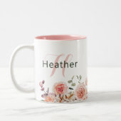 Aquarellfarbene Rosa Creme Blume | Name Monogram Zweifarbige Tasse (Links)