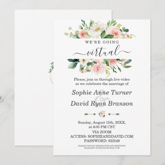 Aquarellfarbene rosa Creme Virtual Wedding Einladung (Vorne/Hinten)