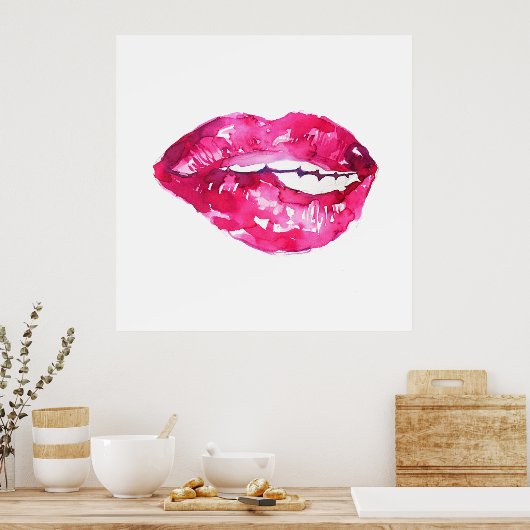 Aquarellfarbene Rosa Lippen Make-up-Poster Poster (Küche)
